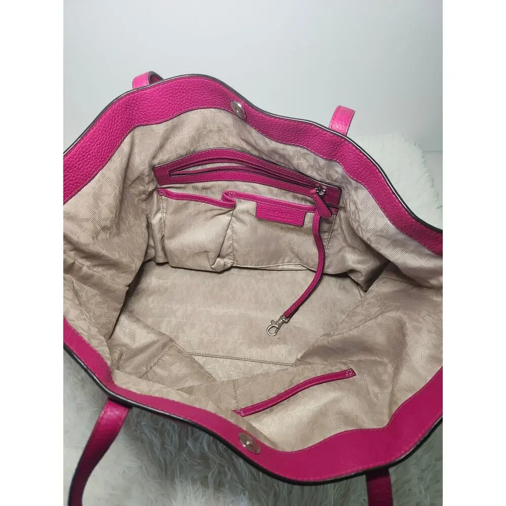 Michael Kors Tote Bag Fuchsia Leather Silver Shoulder Minimalist MK Charm